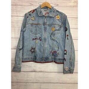 Chico's Sz 1  Jean Denim Art-to-Wear Floral Jacket embroidered full zip